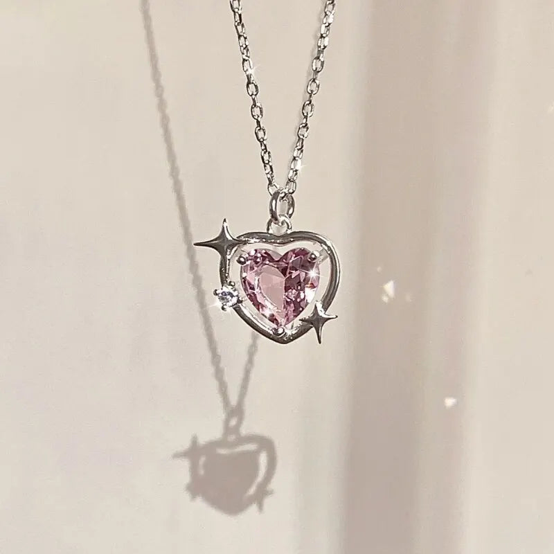 Silver-Plated Pink Heart Pendant Necklace for Women Heart Pendant Necklace Nixie