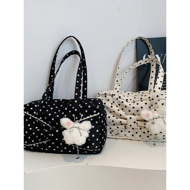 Nixie Polka Dot Canvas Shoulder Bag – Large Capacity Women