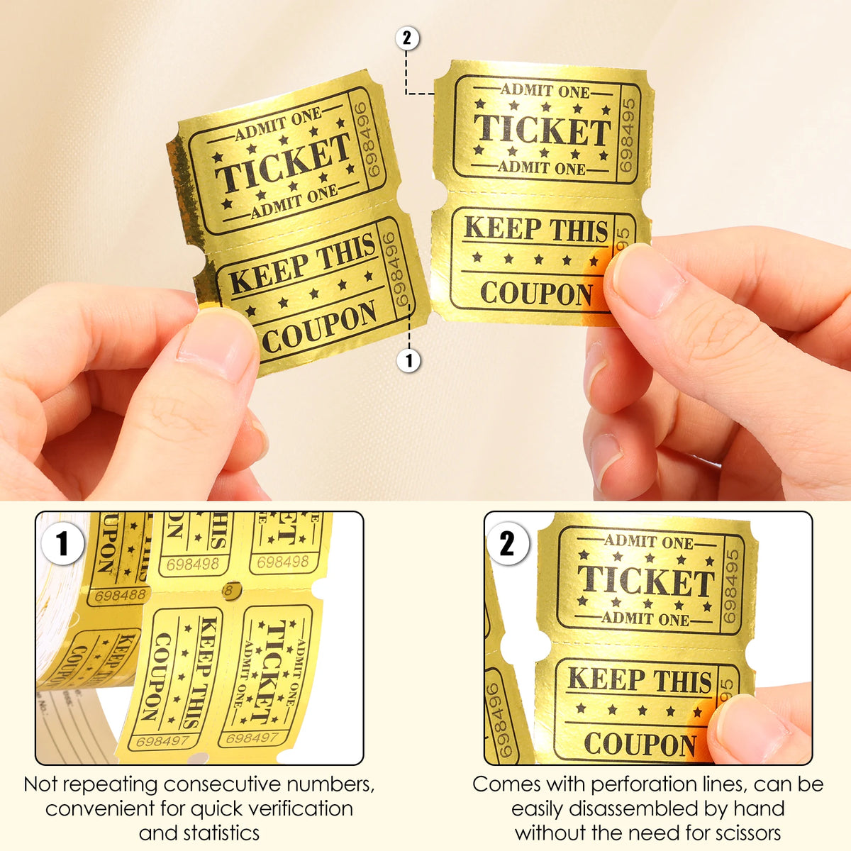 1000 Pairs Gold Foil Raffle Tickets Double Roll – Easy Tear Raffle Ticket Roll Nixie
