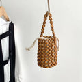 Handmade Wooden Bead Bucket Bag – Hollow Woven Mini Wrist Bag Woven Bucket Bag Nixie Brown