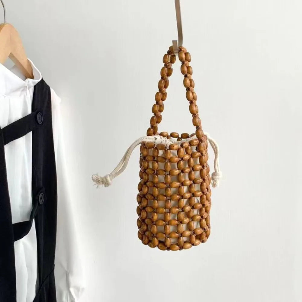 Handmade Wooden Bead Bucket Bag – Hollow Woven Mini Wrist Bag Woven Bucket Bag Nixie Brown