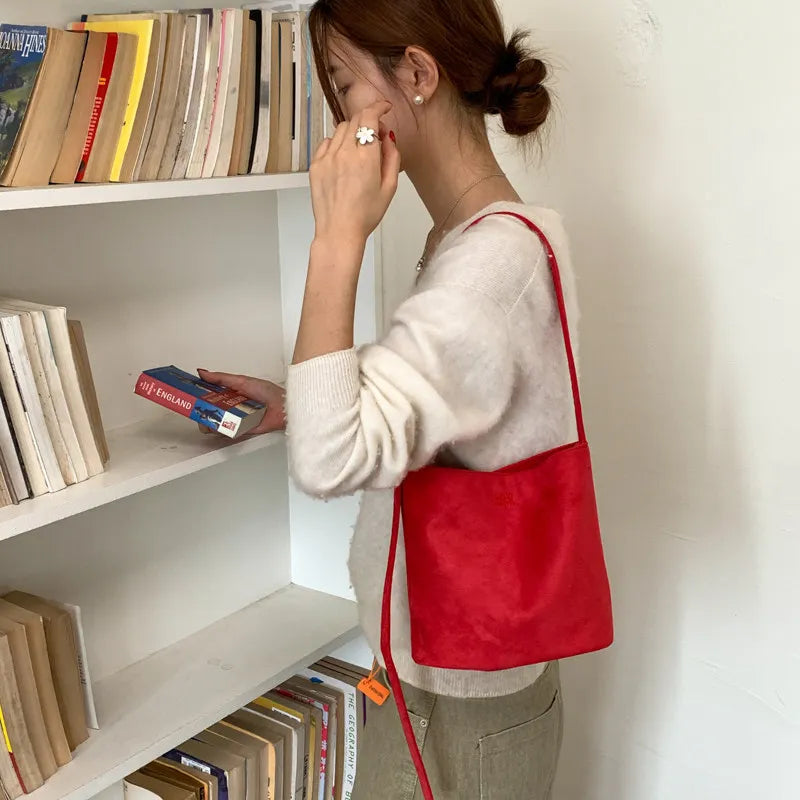 Nixie Vintage Faux Suede Bucket Bag – Women's Tote Women's Shoulder Bag Nixie Red