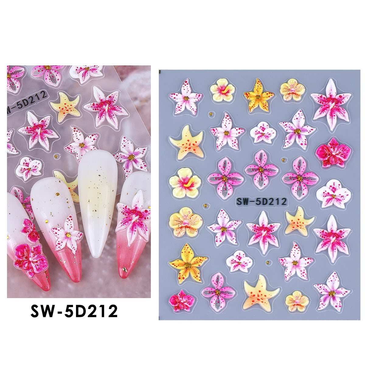 5D Embossed Nail Stickers – Tropical Floral & Starfish Decals Nail Art Stickers Nixie SW-5D212
