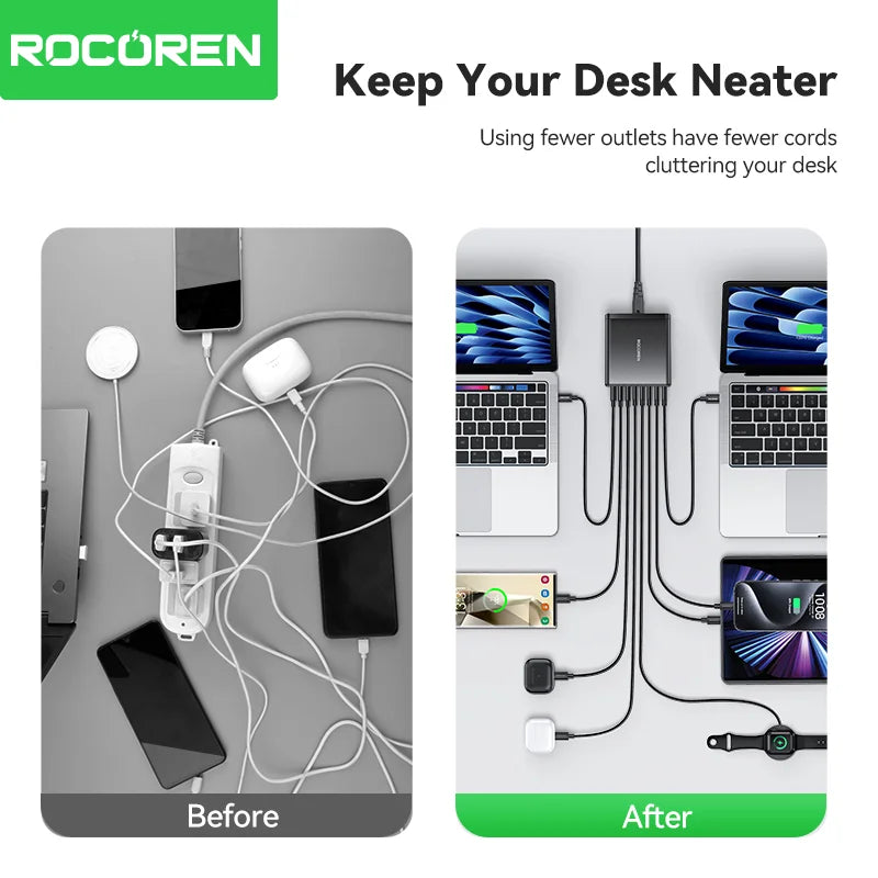 Rocoren 185W 8-in-1 USB-C Multi-Port Desktop Fast Charger Desktop USB Charger Nixie