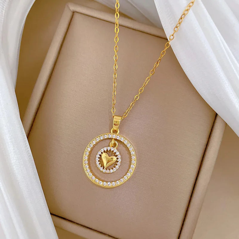 Double Layer Heart Pendant Necklace | Gold Stainless Steel Pendant Necklace Nixie