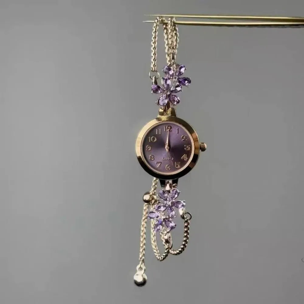 Pink Rhinestone Bracelet Watch – Floral Heart Quartz Wristwatch Bracelet Watch Nixie Style A