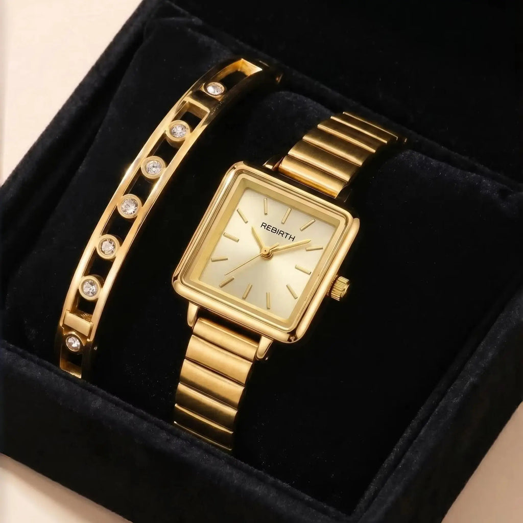 Women's Gold Watch & Bracelet Set – Quartz Roman Numeral Dial Watch & Bracelet Set Nixie