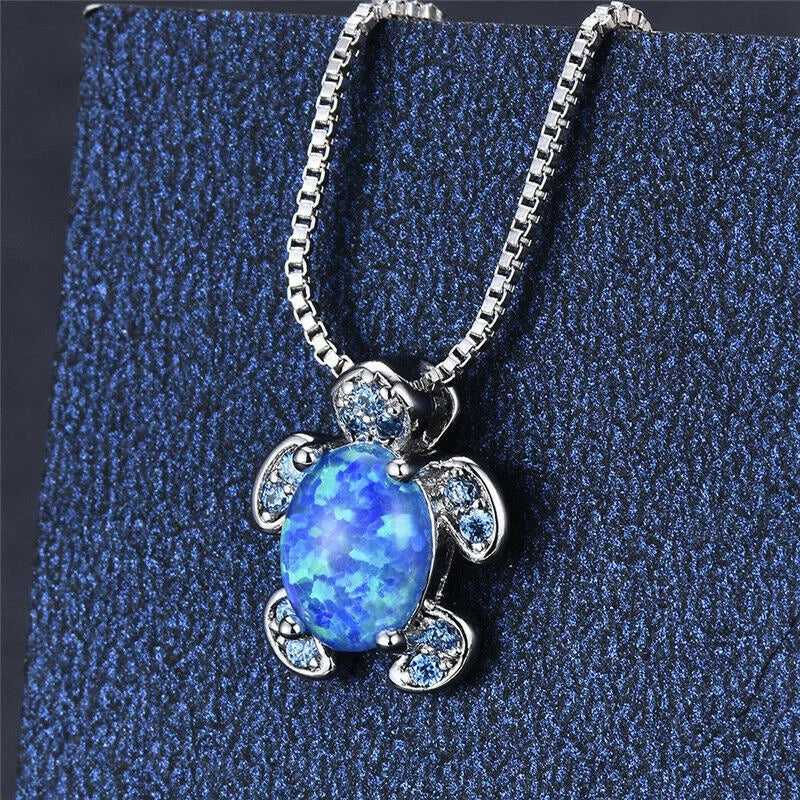 Blue Simulated Opal Turtle Pendant Necklace | Zinc Alloy Pendant Necklace Nixie