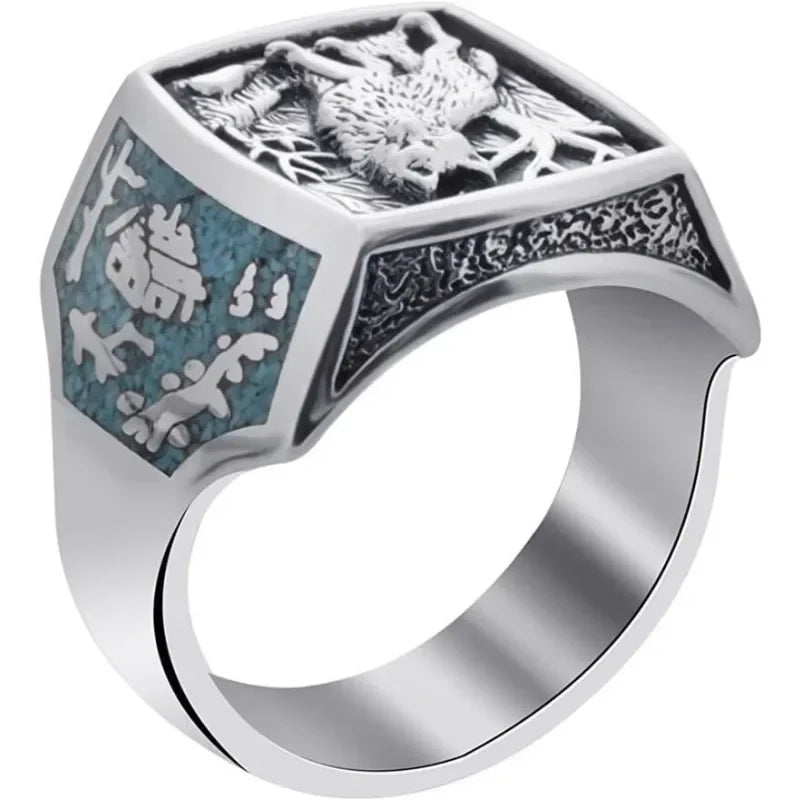 Southwestern Turquoise Wolf Silver Ring – Sizes 6–10 Cocktail Ring Nixie