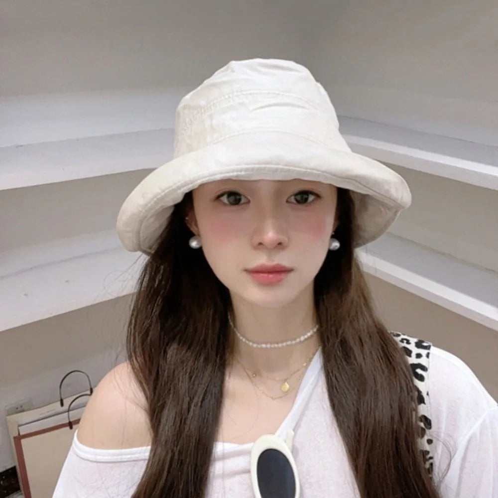Korean Wide Brim Bucket Hat – Lightweight Sun Hat for Women