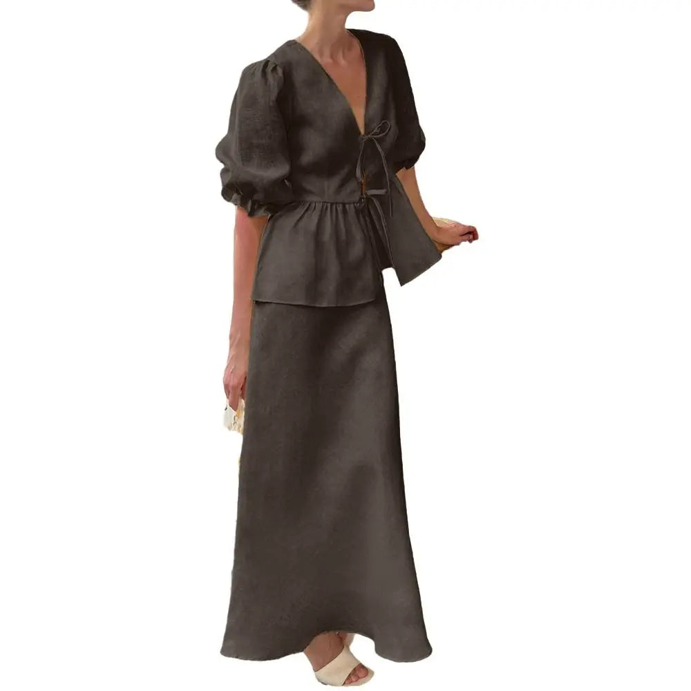 Women's Cotton V-Neck Bubble Sleeve Two-Piece Dress Set Two-Piece Dress Set Nixie