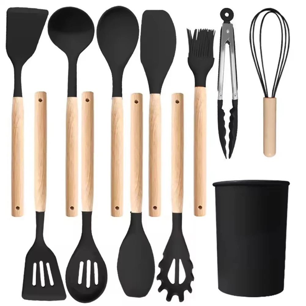 12-Piece Silicone Kitchen Utensil Set – Wooden Handles Kitchen Utensil Set Nixie black