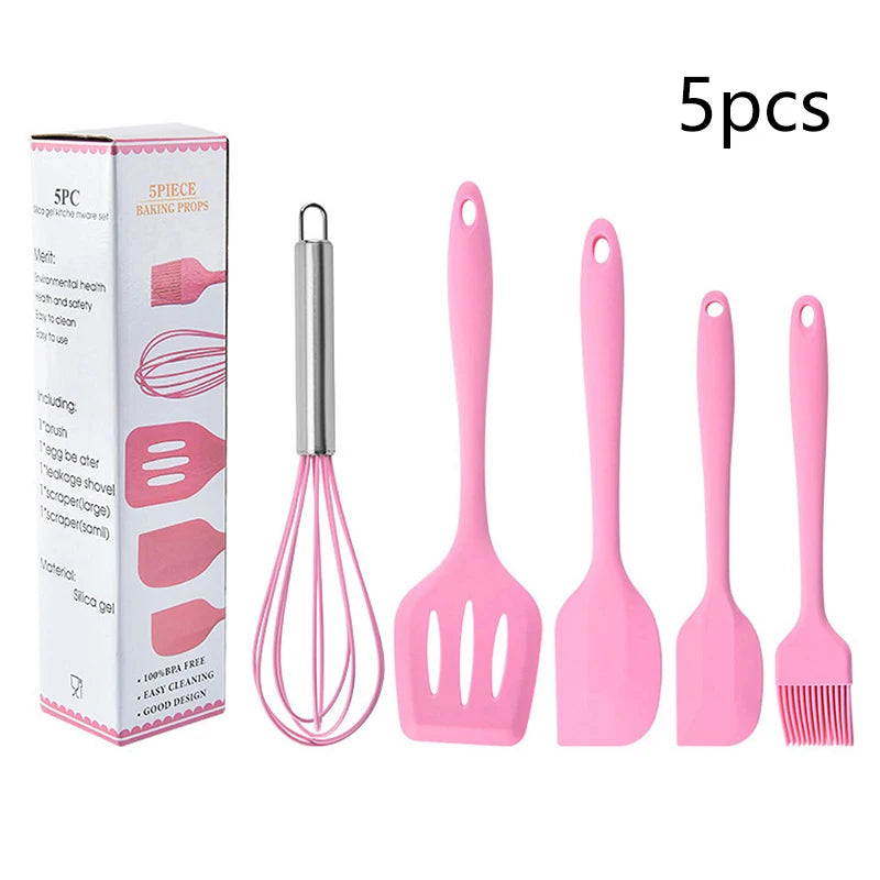 5-Piece Silicone Kitchen Utensil Set – Spatula, Whisk & Brush Silicone Utensil Set Nixie Pink