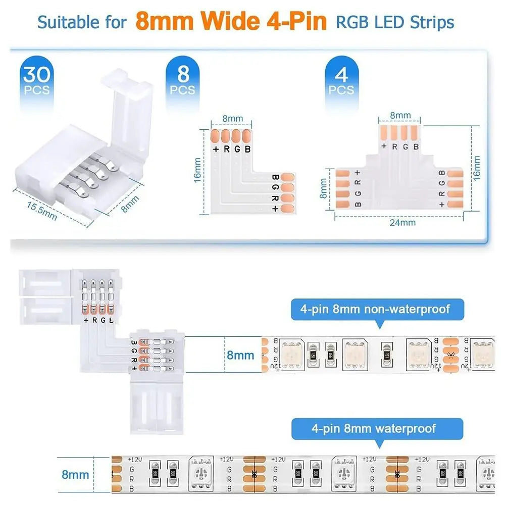 30pcs LED Strip Connectors 8mm/10mm L-Shape 3-Pin & 4-Pin