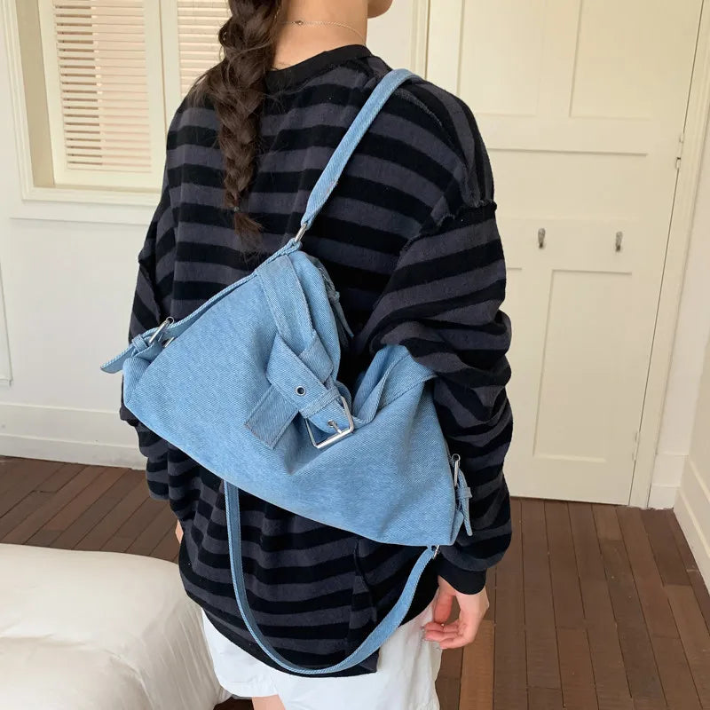 Korean-Style Large Denim Tote Bag – Shoulder & Crossbody Denim Tote Bag Nixie Blue