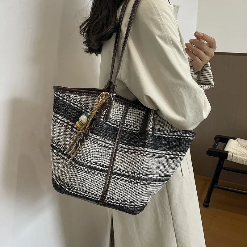 Large-Capacity Striped Canvas Tote Bag – Women's Shoulder Bag Canvas Tote Bag Nixie