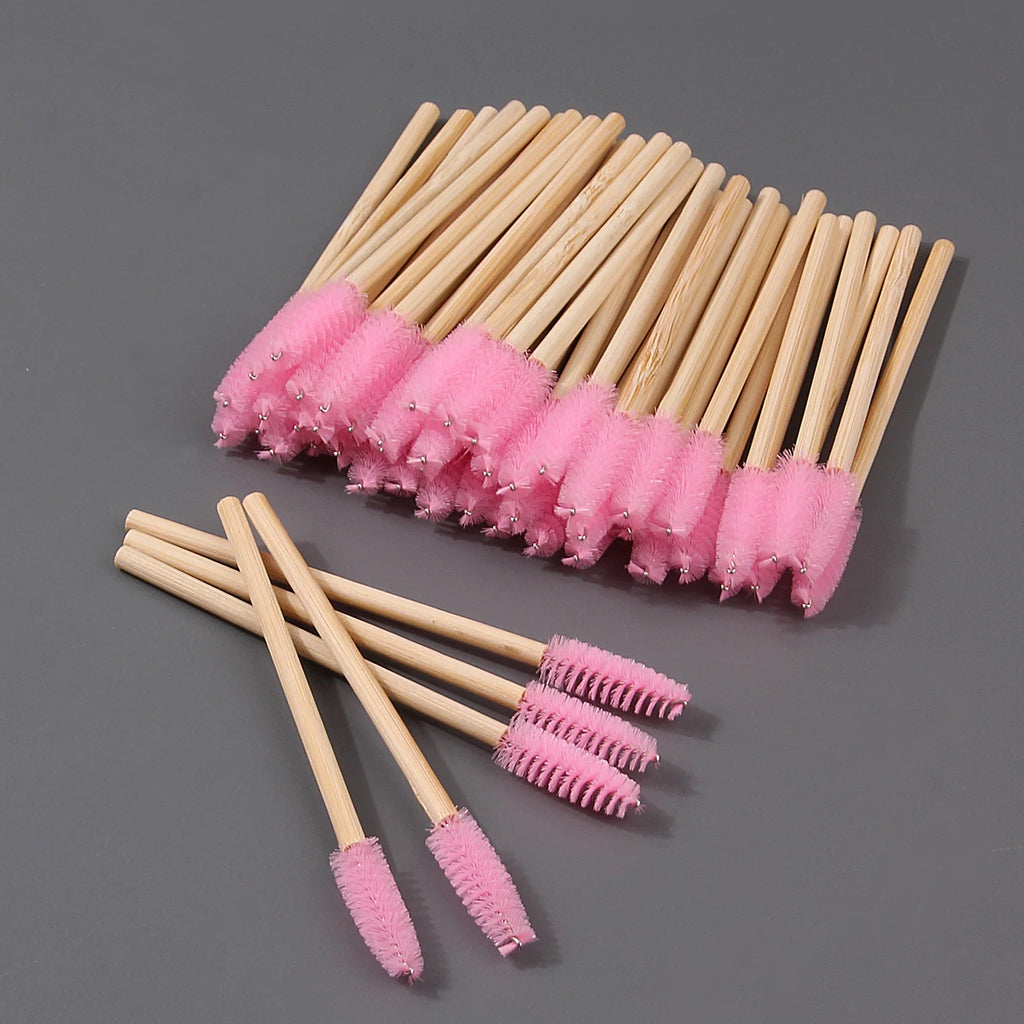 50 Pcs Bamboo Eyelash Brushes – Spiral Lash & Eyebrow Combs Eyelash Brush Set Nixie Pink Wool Fiber