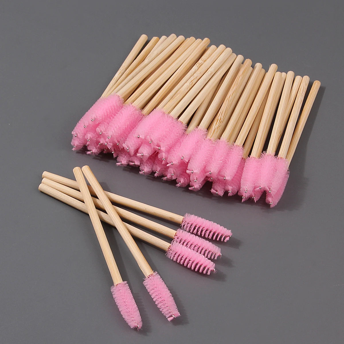 50 Pcs Bamboo Eyelash Brushes – Spiral Lash & Eyebrow Combs Eyelash Brush Set Nixie Pink Wool Fiber