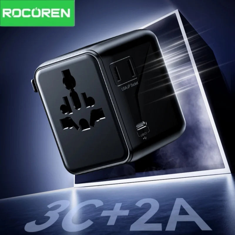 Rocoren Universal Travel Adapter GaN Fast Charging USB-C USB-A Travel Adapter Charger Nixie