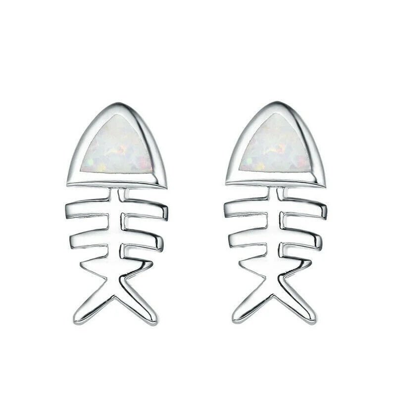 Fish Hook Dangle Earrings – Simulated Opal Drop Design