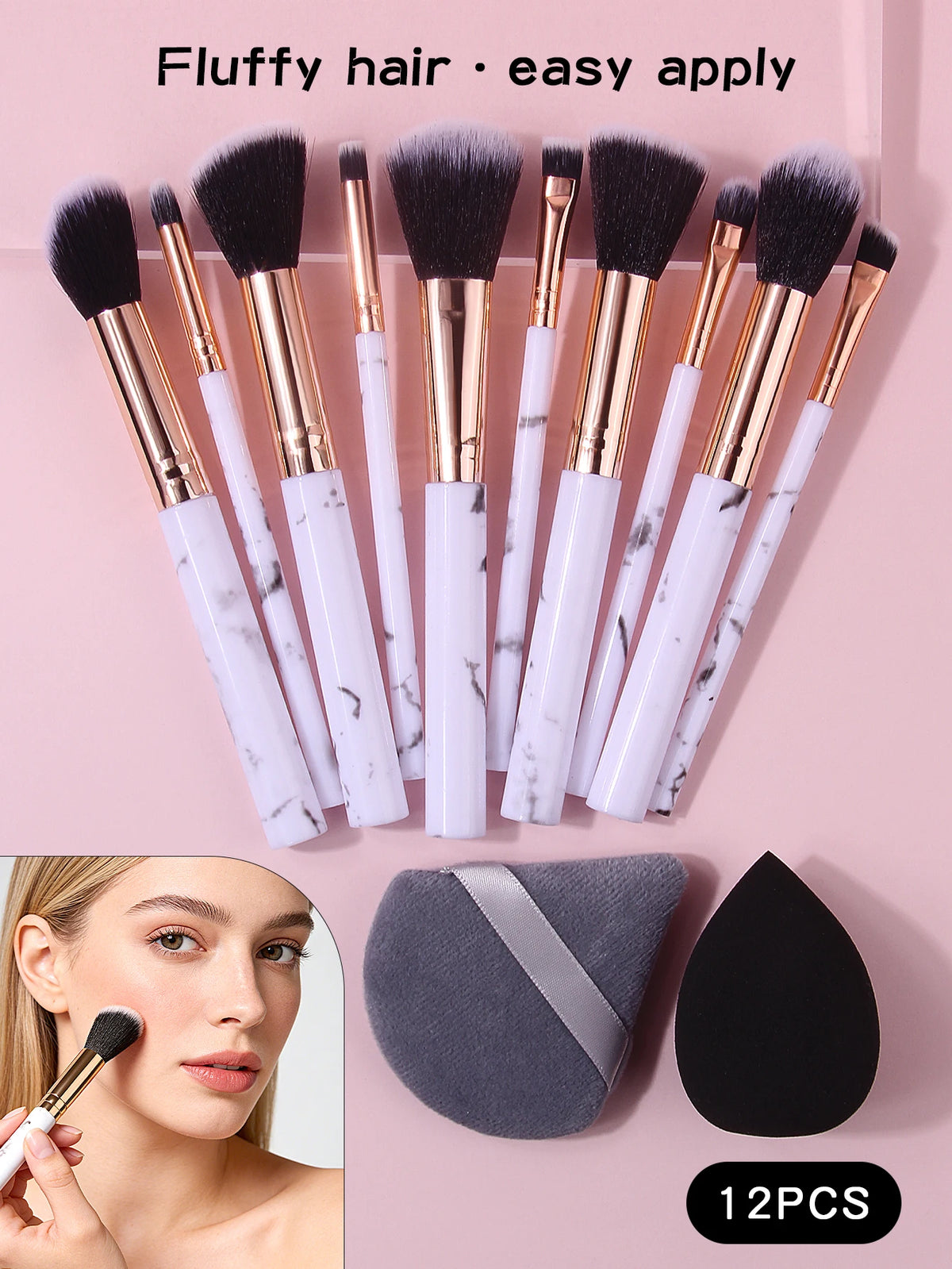 Marble Makeup Brush Set 12pc – Blush, Eyeshadow, Puff & Sponge Makeup Brush Set Nixie