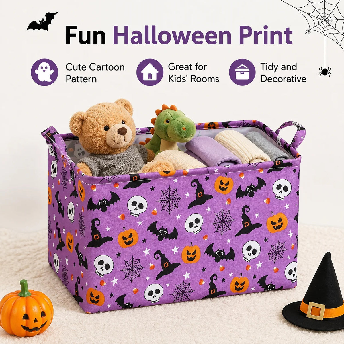 Foldable Halloween Storage Basket – Large Canvas Bin with Handles Storage Basket Nixie