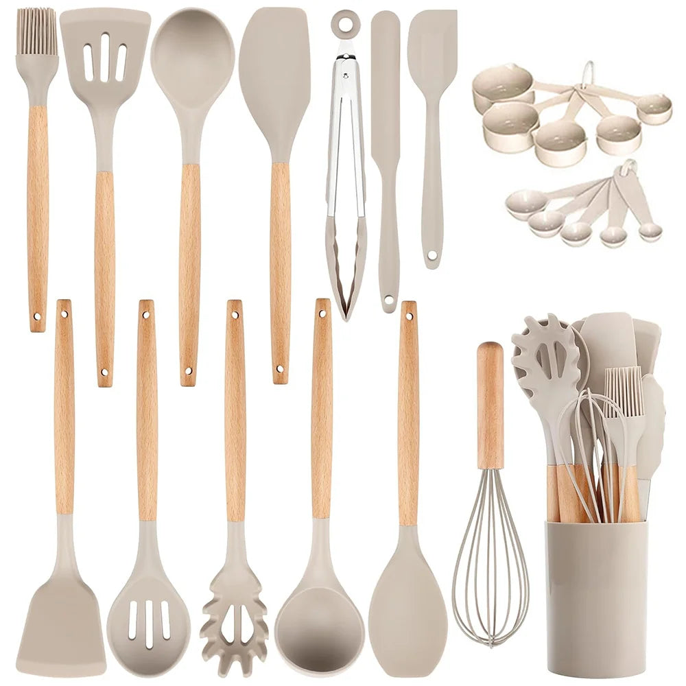 24-Piece Silicone Kitchen Utensil Set – Wooden Handles Kitchen Utensil Set Nixie Khaki