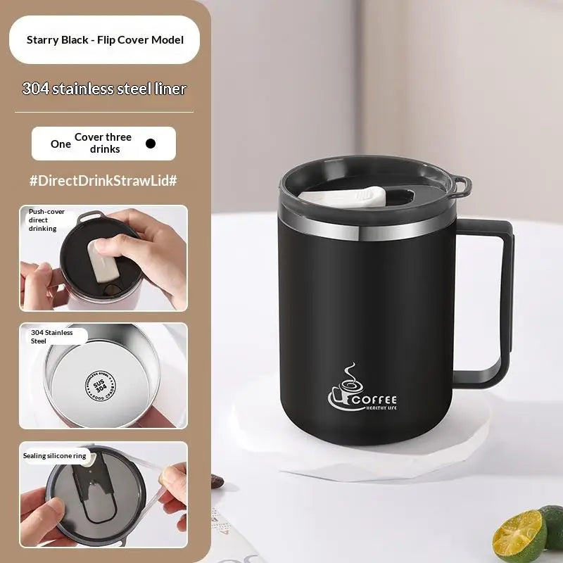 Double Wall Insulated Coffee Mug – 304 Stainless Steel & Handle Insulated Coffee Mug Nixie Sliding lid Black 301-400ml