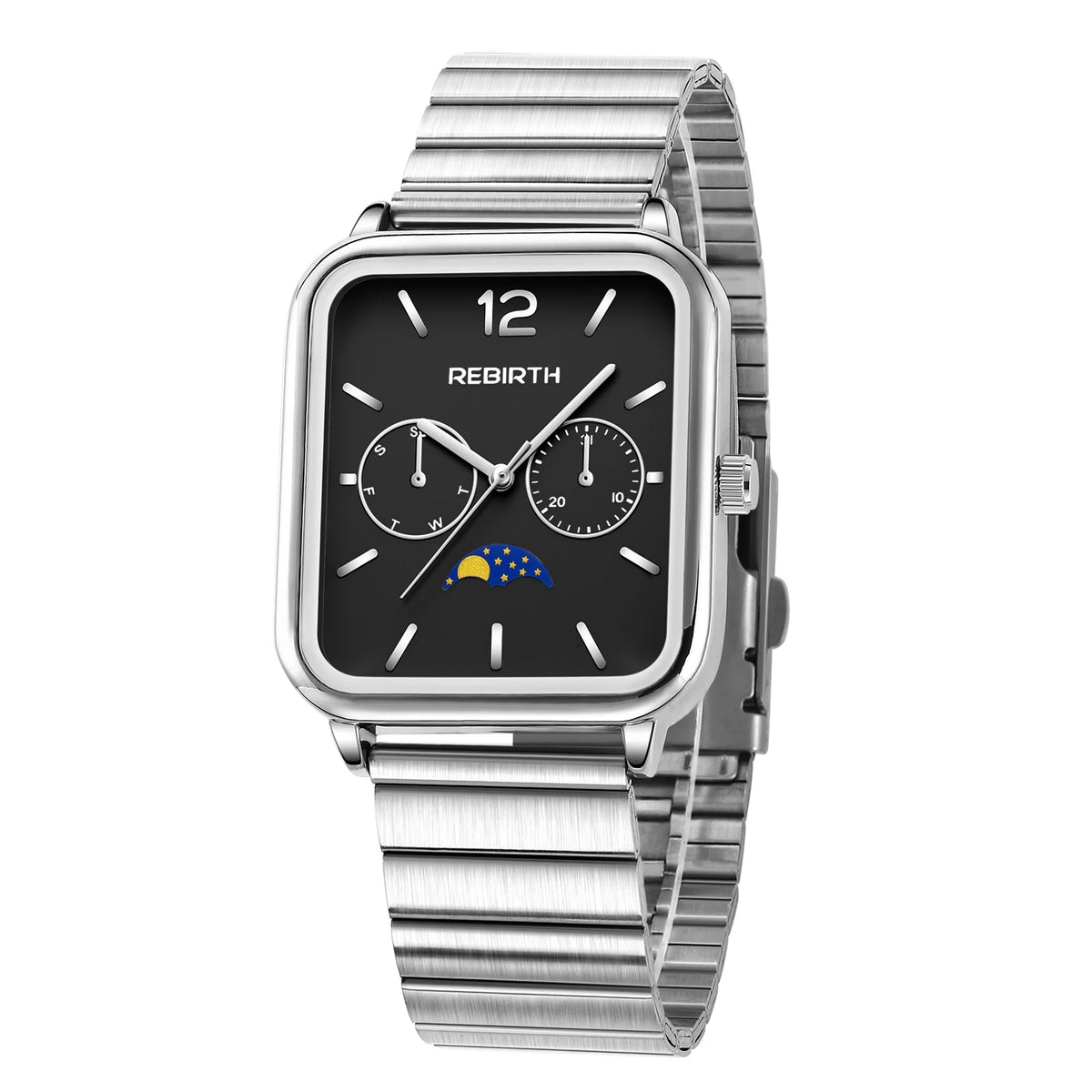 REBIRTH Men's Square Moon Phase Quartz Watch – Dual Dial
