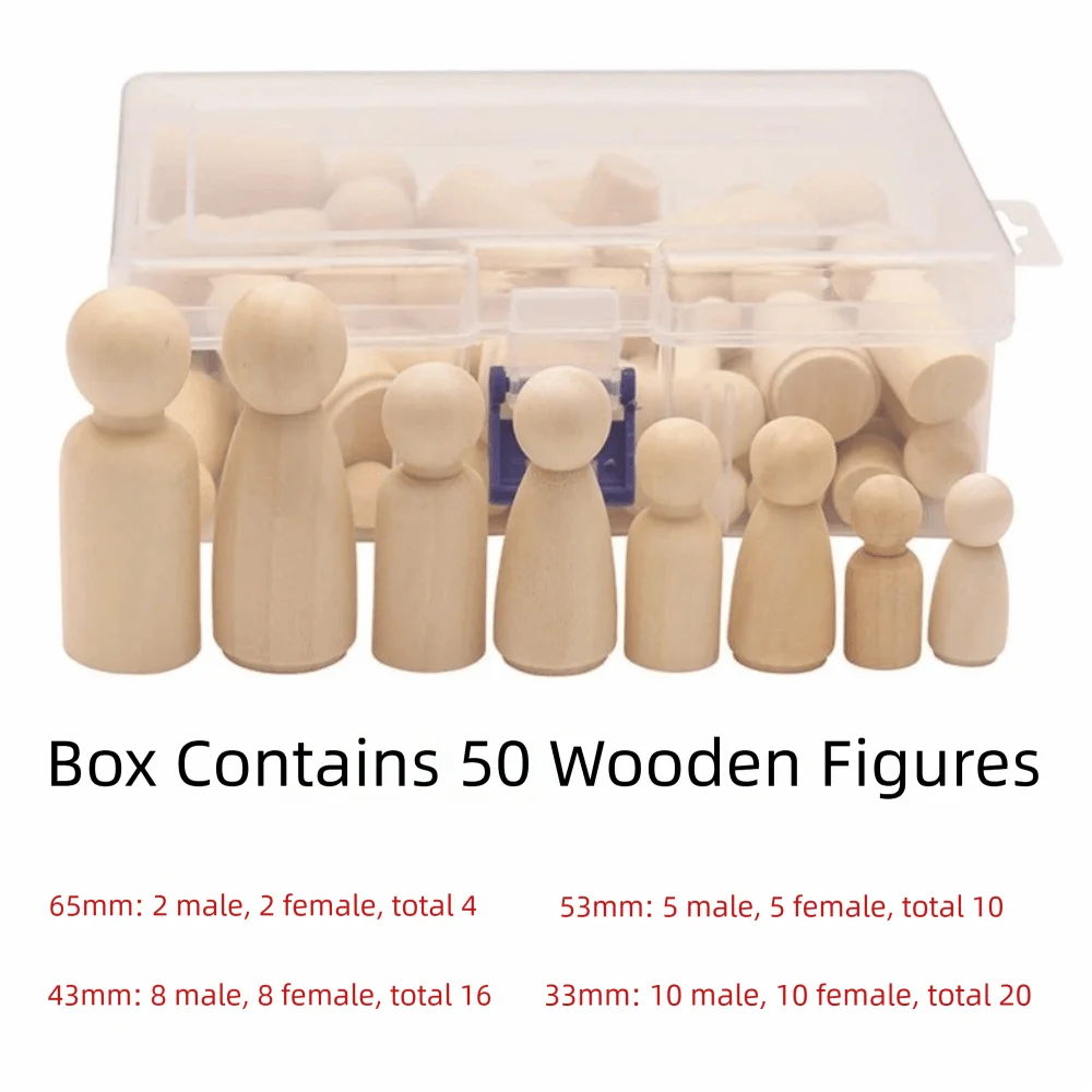50Pcs Unfinished Wooden Peg Dolls DIY Craft Kit with Storage Box DIY Craft Kit Nixie Pine