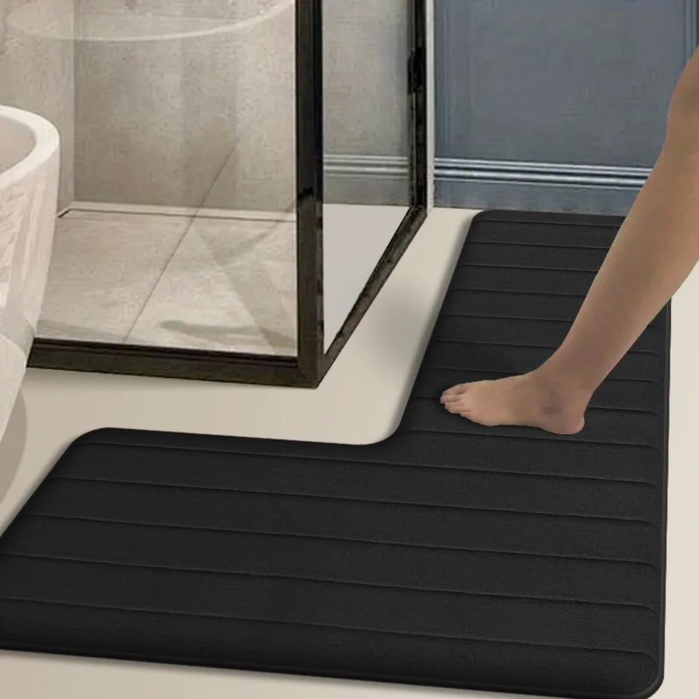 L-Shaped Striped Flannel Floor Mat – Absorbent & Quick-Dry L-Shaped Floor Mat Nixie Black 100-100-50cm
