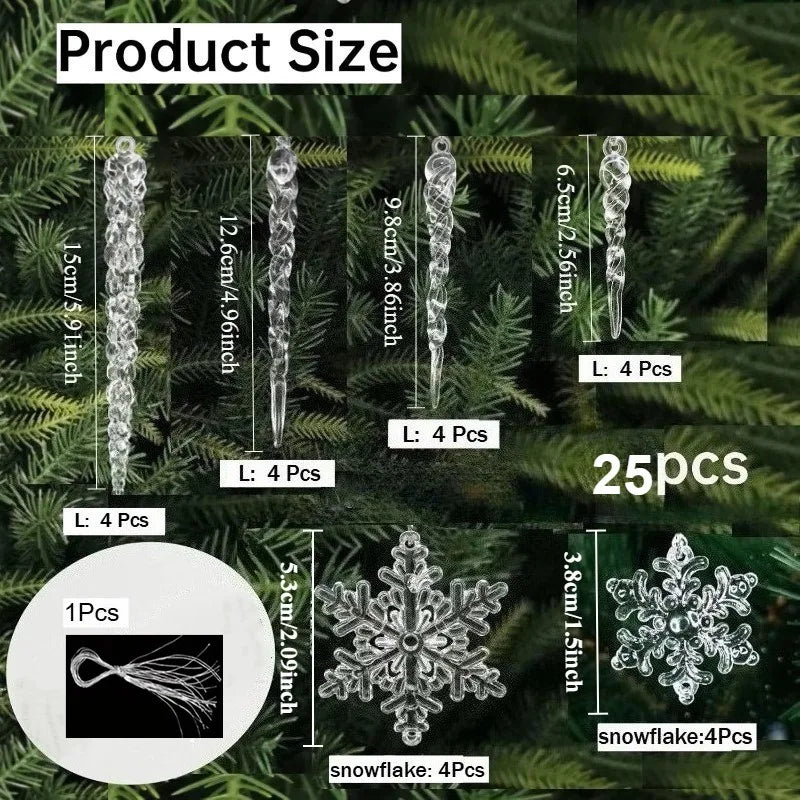 25Pcs Acrylic Crystal Christmas Snowflake & Icicle Ornament Set Christmas Ornament Set Nixie 25pcs