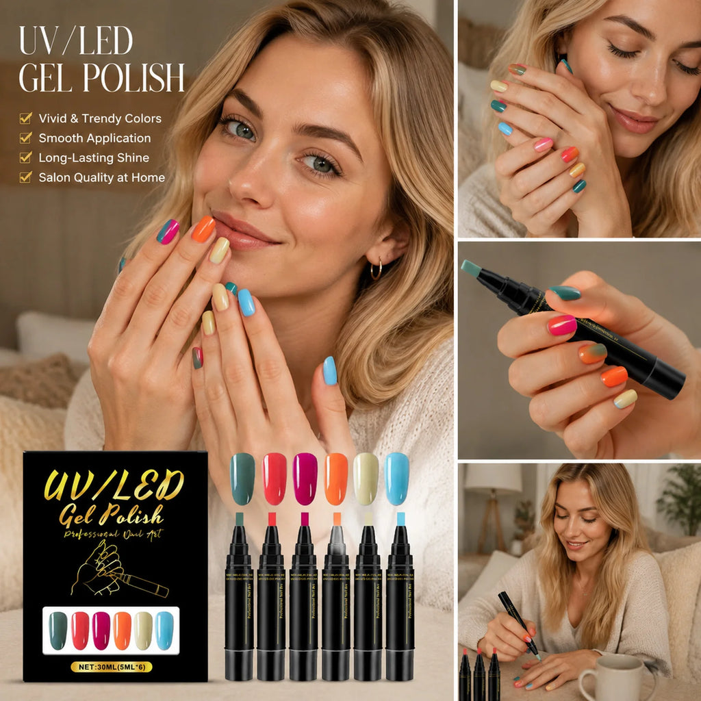 6-Piece UV LED Gel Nail Polish Pen Set – Vibrant DIY Colors Gel Nail Polish Set Nixie
