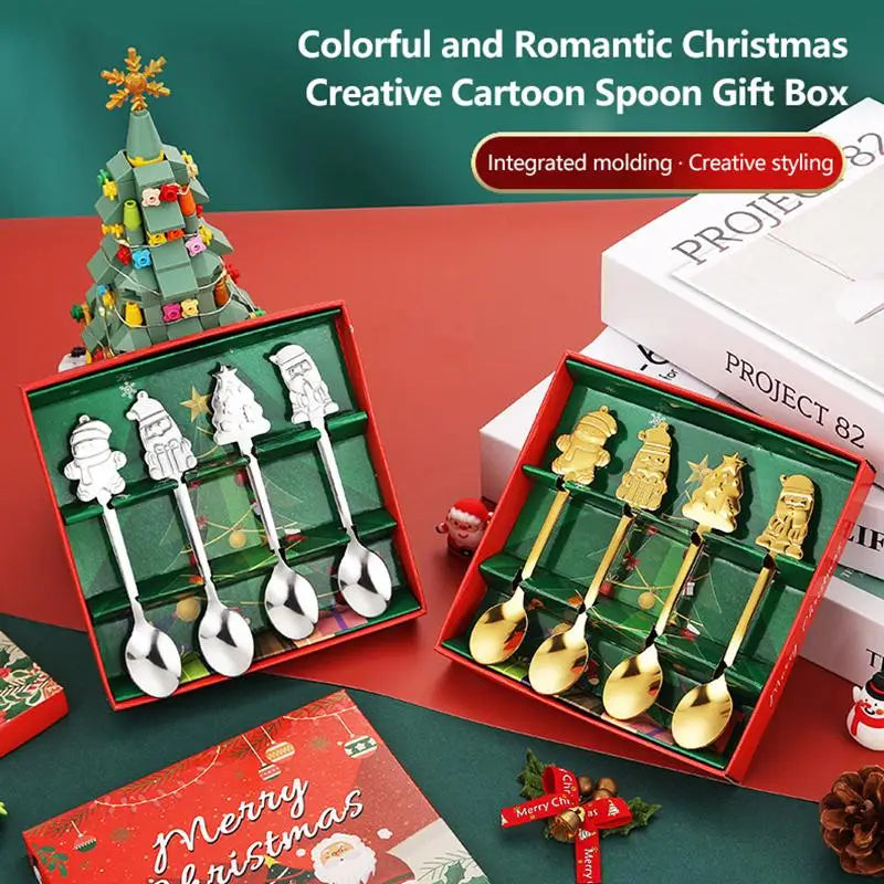 Christmas Stainless Steel Spoon Set 4Pcs – Santa Snowman Tree Holiday Spoon Set Nixie