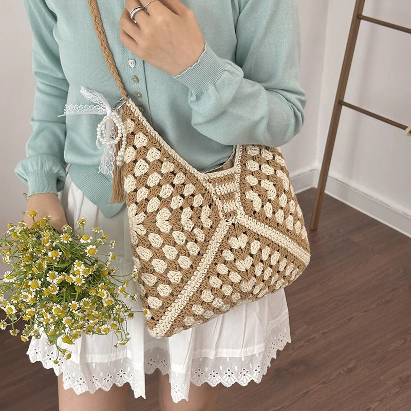 Cotton Crochet Tote Bag – Women's Woven Beach & Travel Bag Crochet Tote Bag Nixie