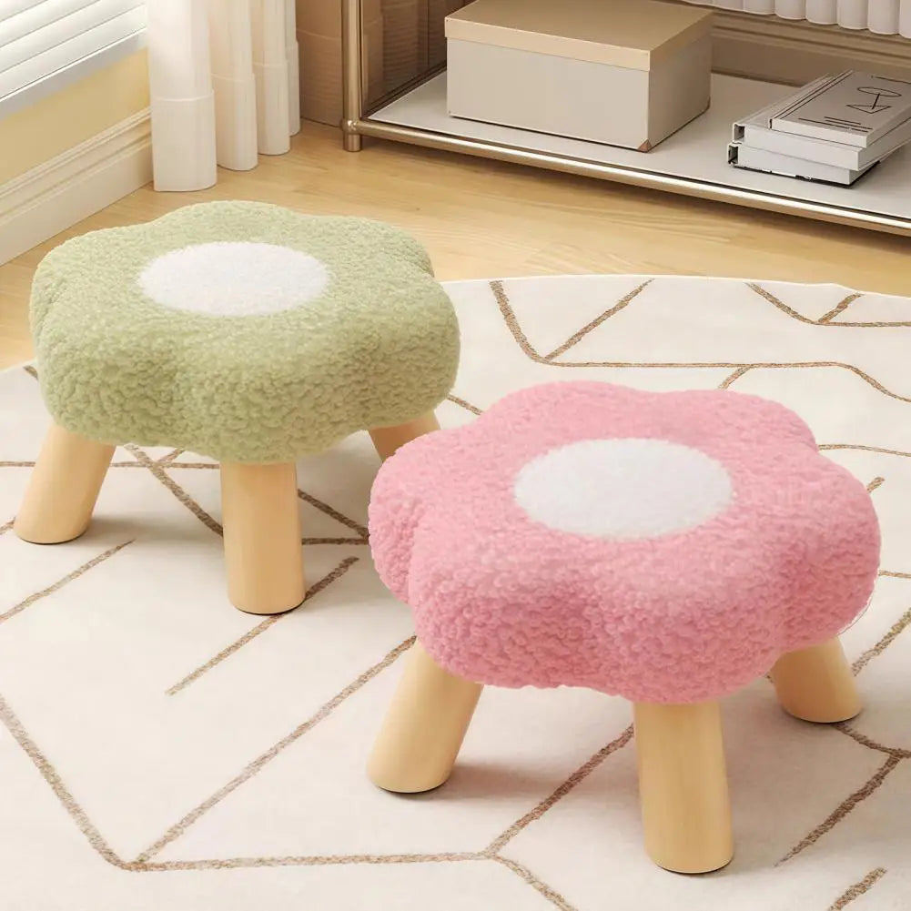 Flower Stool Wooden Legs Cloud Velvet Cushion Footrest Seat