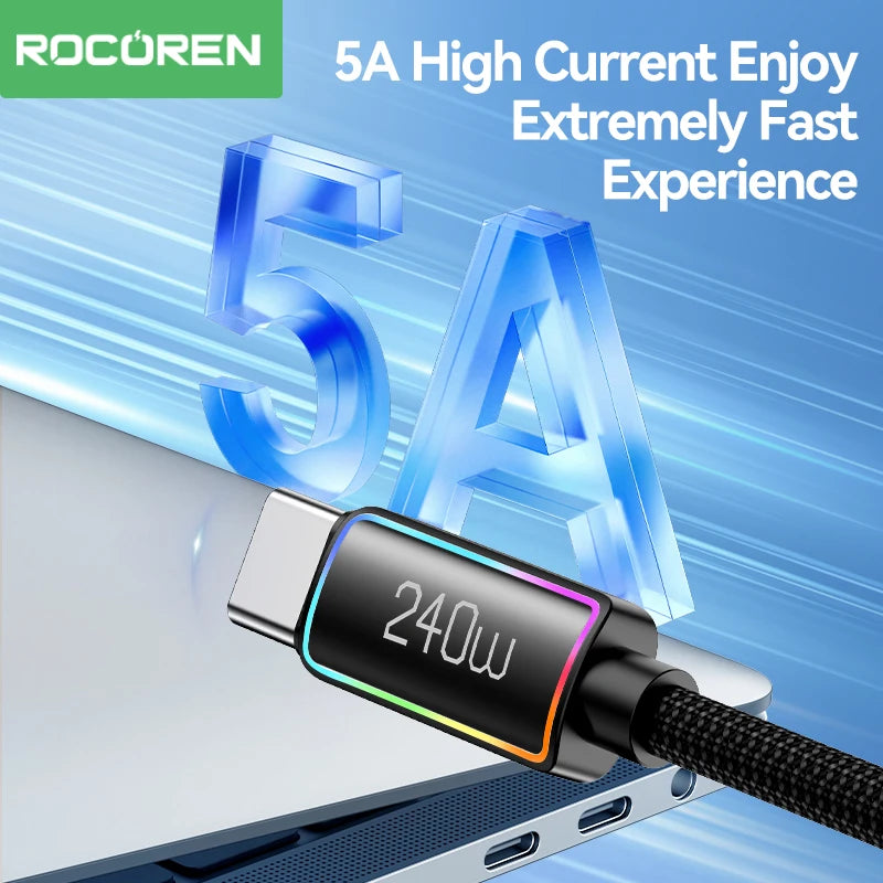 Rocoren 240W USB-C Cable RGB PD 3.1 QC 3.0 Fast Charging Cord USB-C Charging Cable Nixie