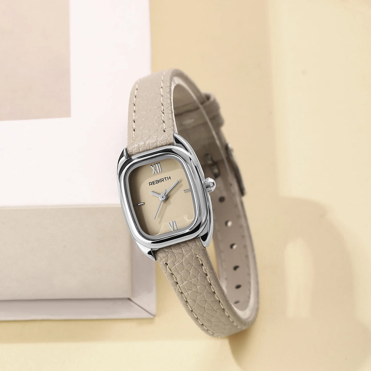 REBIRTH Square Women's Quartz Watch | Brown Leather Strap Women's Quartz Watch Nixie