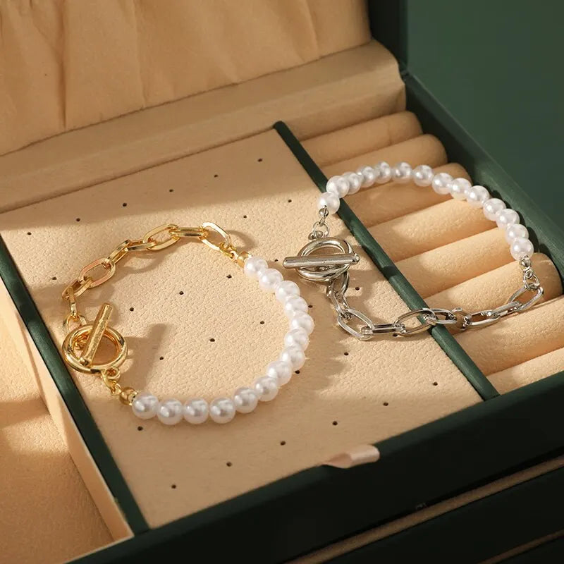 2pcs Vintage Pearl Metal Bead Strand Bracelets – Unisex Set Strand Bracelet Set Nixie