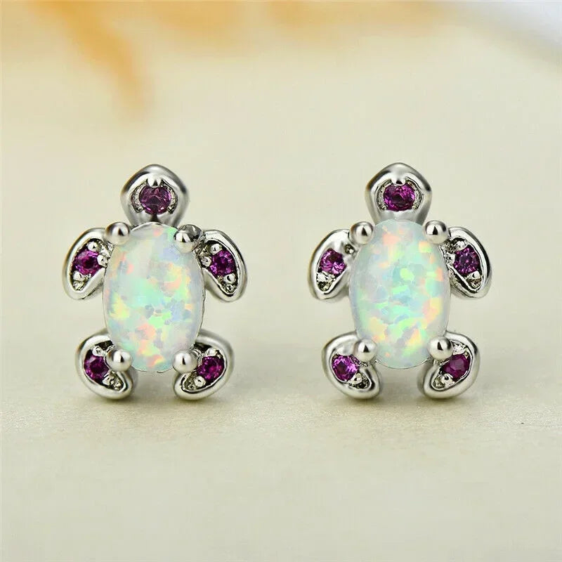 Turtle Stud Earrings – Vintage Simulated Opal Glass, Silver Plated Stud Earrings Nixie