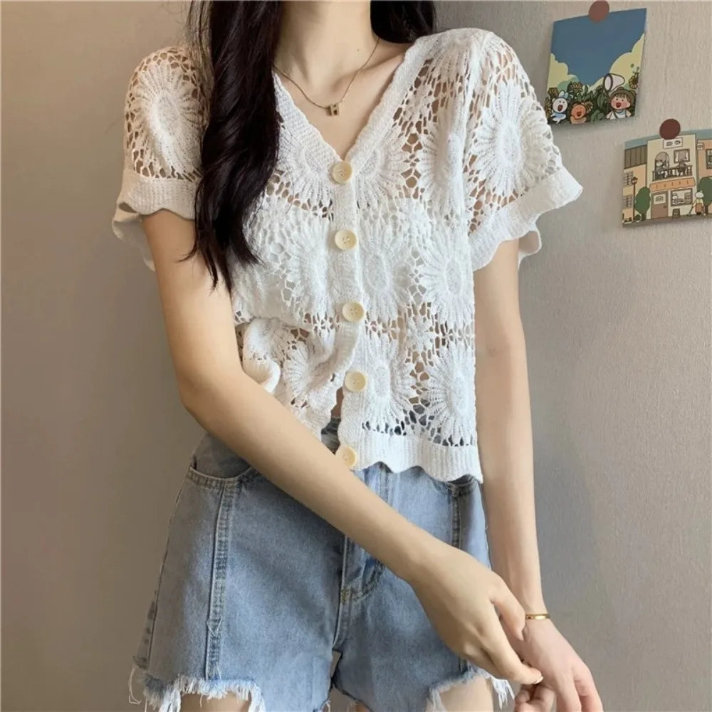Women's V-Neck Crochet Cardigan Open-Knit Boho Blouse