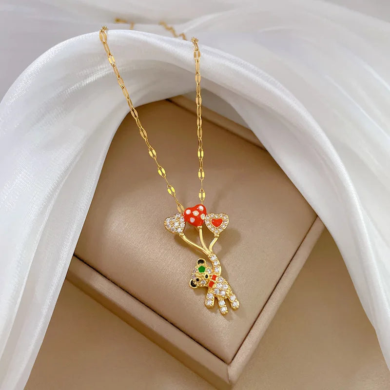 Balloon Bear Pendant Necklace – Gold Stainless Steel & Zircon Pendant Necklace Nixie