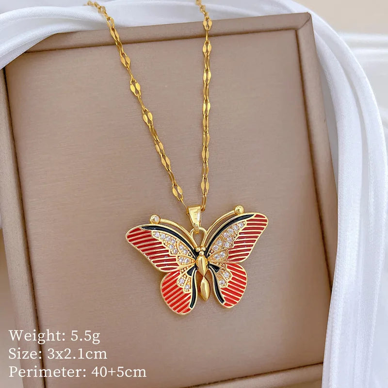 Red Butterfly Pendant Necklace – Gold Stainless Steel Choker Pendant Necklace Nixie XL2606-660