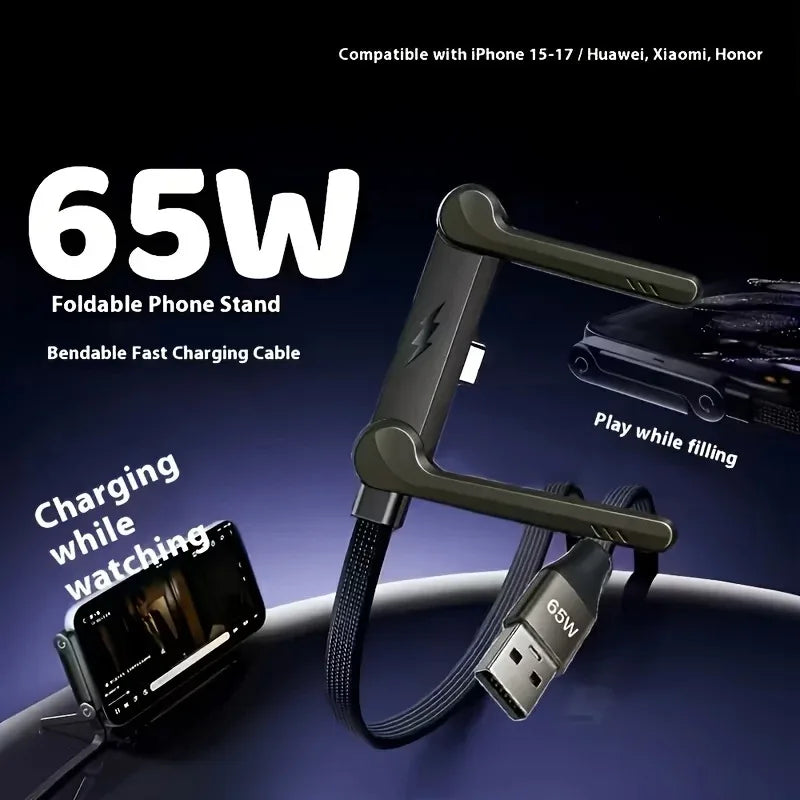 240W 180° Elbow Fast Charging Cable + Foldable Phone Holder Stand USB-C Charging Cable Nixie