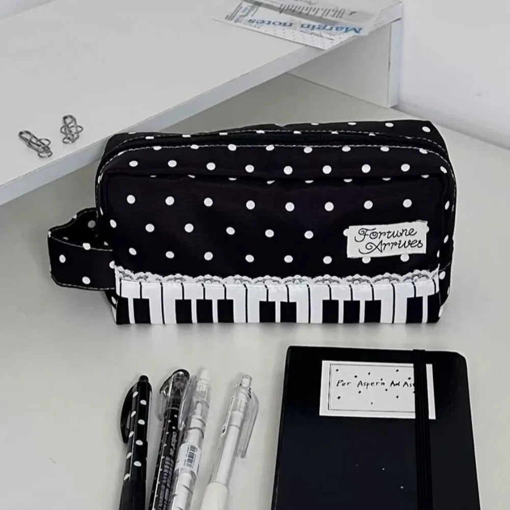 Kawaii Piano Key Polka Dot Pencil Case – Large Capacity Pouch Pencil Case Pouch Nixie Black