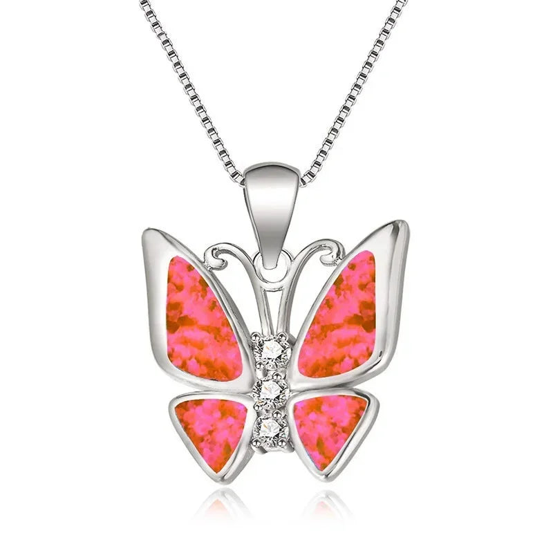 Fire Opal Butterfly Pendant Necklace – Blue & White Fashion Pendant Necklace Nixie Black Zinc Plated
