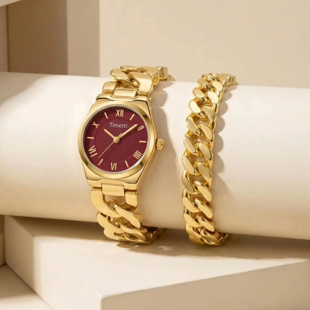 Women's Gold Watch & Bracelet Set | Quartz Roman Numeral Watch & Bracelet Set Nixie
