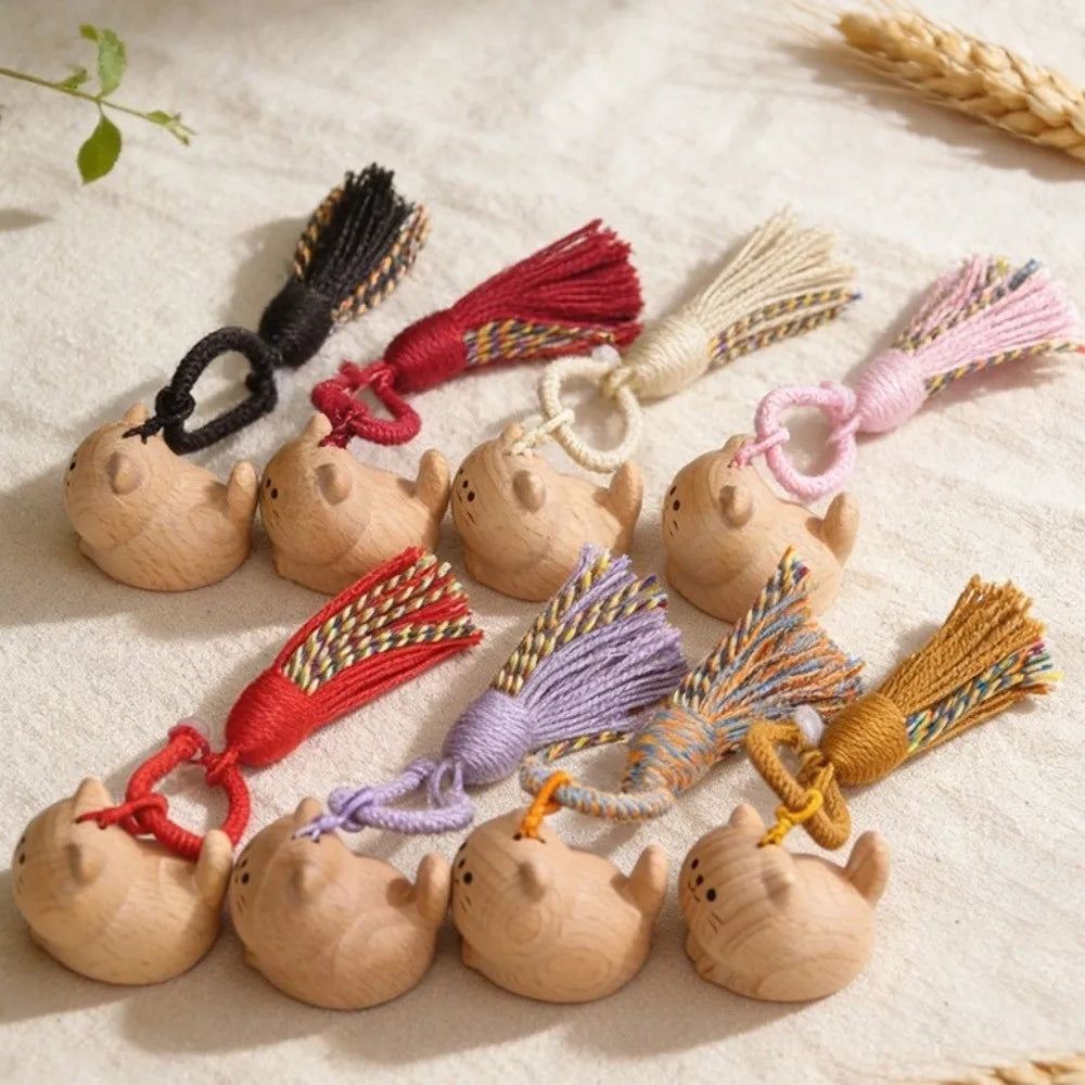Hand Carved Wooden Cat Keychain with Tassel | Lucky Cat Wooden Cat Keychain Nixie