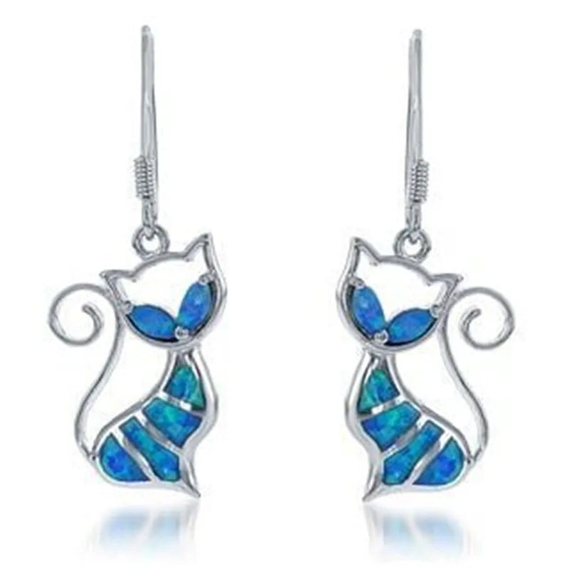 Vintage Blue Opal Cat Dangle Earrings – Retro Hook Style Dangle Earrings Nixie Blue