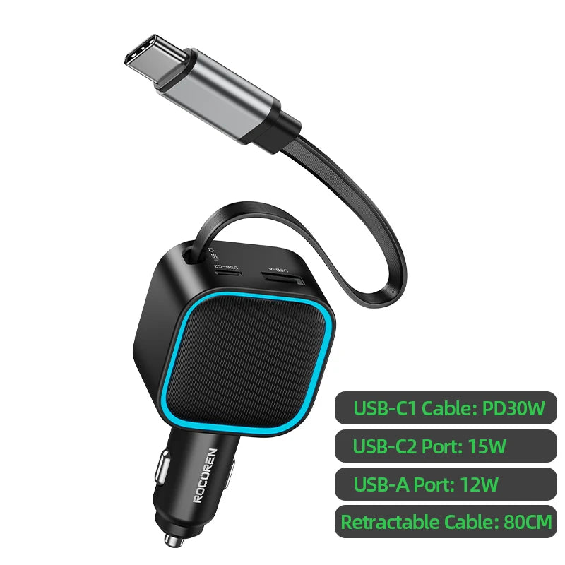 Rocoren 3-in-1 PD 30W Retractable Car Charger 2C+A Ports Car Charger Adapter Nixie Black